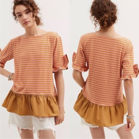Anthropologie Maeve Ruffled Peplum Top New Large Neutral Motif Stripe Orange Tan - Picture 1 of 9